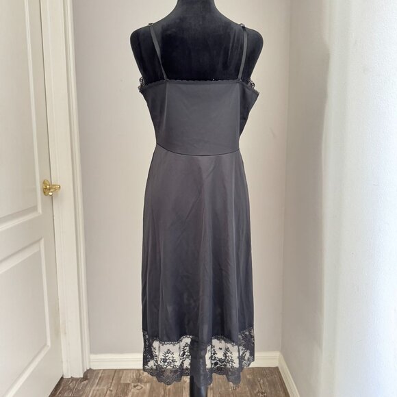 Vintage 60s Vanity Fair Silky Satin Onyx Black Lace Pinup Full Slip Dress 36 - Picture 8 of 8